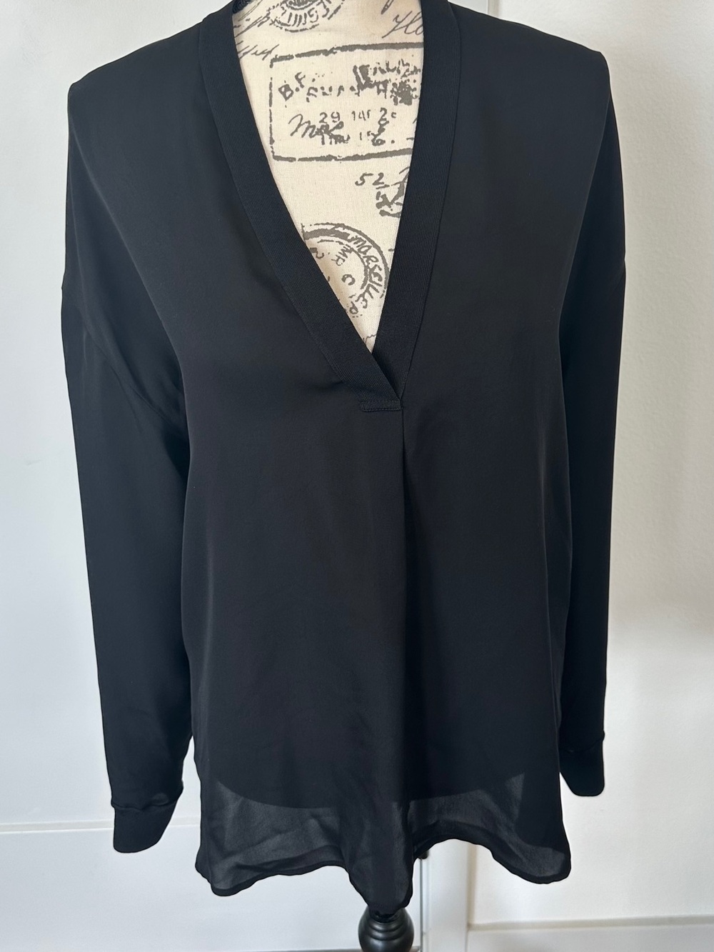 Vince Black Silk Split-Neck Blouse. Size M